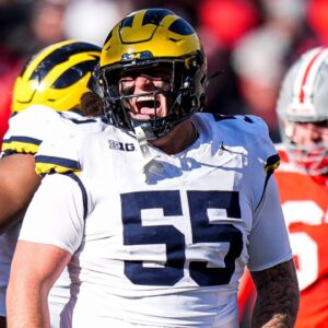 Michigan defensive lineman Mason Graham (55) celebrates a play against Ohio State during the second half at Ohio Stadium in Columbus, Ohio on Saturday, Nov. 30, 2024.