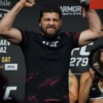 LAS VEGAS, NV - SEPTEMBER 9: Nick Diaz appears on stage at the UFC 279 ceremonial weigh-ins on September 9, 2022, at the MGM Grand Arena in Las Vegas, NV. (Photo by Amy Kaplan Icon Sportswire) MMA: SEP 09 UFC 279 Icon220909522279