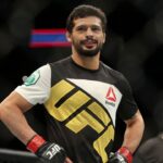 Adriano Martins (red gloves) reacts after defeating Islam Makhachev (not pictured) during UFC 192 at Toyota Center.