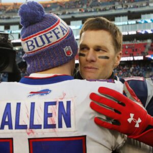 New England Patriots quarterback Tom Brady (12) meets Buffalo Bills quarterback Josh Allen (17) after the game at Gillette Stadium. Patriots defeated the Bills 24-12.