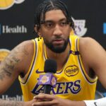 Los Angeles Lakers forward Christian Wood (35) during media day at the UCLA Health Training Center.