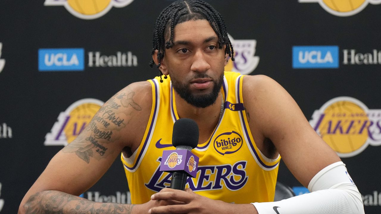Los Angeles Lakers forward Christian Wood (35) during media day at the UCLA Health Training Center.