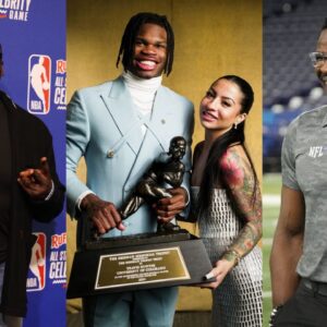 Shannon Sharpe [Left]; Travis Hunter with Leanna Leanne [Center]; Michael Irvin [Right]