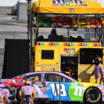 Crews for Monster Energy NASCAR Cup Series driver Kyle Busch (18) put additional work into the right rear on a stop during the Quaker State 400 at Kentucky Speedway.