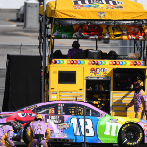 Crews for Monster Energy NASCAR Cup Series driver Kyle Busch (18) put additional work into the right rear on a stop during the Quaker State 400 at Kentucky Speedway.