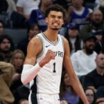 San Antonio Spurs center Victor Wembanyama (1) celebrates against the Sacramento Kings during the fourth quarter at Golden 1 Center.