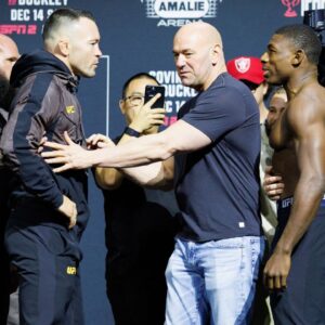 Colby Covington (left) and Joaquin Buckley (right) during weigh-ins for UFC Fight Night at Amalie Arena.