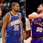 Kevin Durant and Devin Booker (L) and Jusuf Nurkic (R)