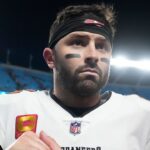 Tampa Bay Buccaneers quarterback Baker Mayfield (6) leaves the field after the game at Bank of America Stadium.