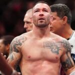 Colby Covington reacts after losing to Leon Edwards (not pictured) during UFC 296 at T-Mobile Arena.