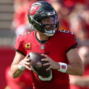 Tampa Bay Buccaneers quarterback Baker Mayfield (6) drops back to pass against the Las Vegas Raiders in the first quarter at Raymond James Stadium.