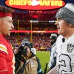 Kansas City Chiefs quarterback Patrick Mahomes (15) shakes hands with Las Vegas Raiders quarterback Aidan O'Connell (12) after the game at GEHA Field at Arrowhead Stadium.