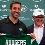 New York Jets quarterback Aaron Rodgers (left) and owner Woody Johnson pose for a photo during the introductory press conference at Atlantic Health Jets Training Center.