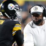 Pittsburgh Steelers head coach Mike Tomlin (right) congratulates quarterback Russell Wilson (3) on his touchdown pass against the New York Jets during the second quarter at Acrisure Stadium.