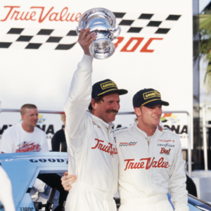 NASCAR driver Dale Earnhardt Sr and Dale Earnhardt Jr in victory lane after Earnhardt Sr. won the IROC race at Daytona International Speedway.