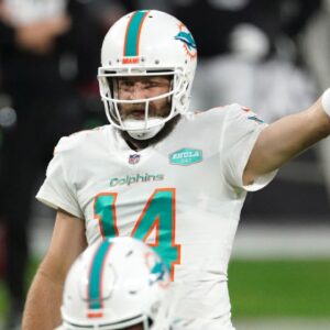 Dec 26, 2020; Paradise, Nevada, USA; Miami Dolphins quarterback Ryan Fitzpatrick (14) gestures in the fourth quarter against the Las Vegas Raidersat Allegiant Stadium. The Dolphins defeated the Raiders 26-25.