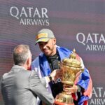 Lewis Hamilton celebrates as he wins the Formula 1 Qatar Airways British Grand Prix at Silverstone, Towcester, Northamptonshire, UK
