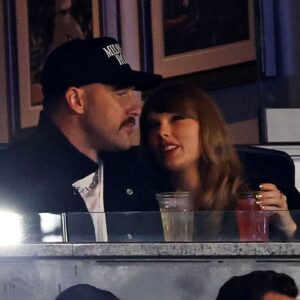 Recording artist Taylor Swift and Kansas City Chiefs tight end Travis Kelce watch game one of the ALCS for the 2024 MLB Playoffs between the New York Yankees and the Cleveland Guardians at Yankee Stadium.