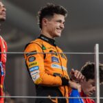 Yas Marina Circuit, Abu Dhabi, United Arab Emirates 8.December.2024; Lando Norris, Carlos Sainz and Charles Leclerc on the podium during Formula One Abu Dhabi GP