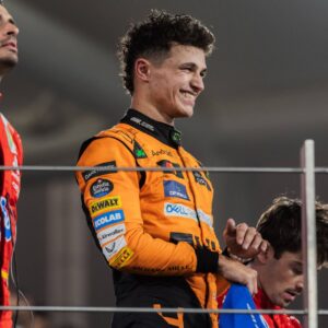 Yas Marina Circuit, Abu Dhabi, United Arab Emirates 8.December.2024; Lando Norris, Carlos Sainz and Charles Leclerc on the podium during Formula One Abu Dhabi GP
