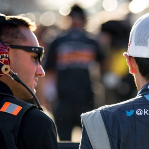 (L-R) 23XI Racing engineer JR Houston with NASCAR Cup Series driver Kyle Larson.