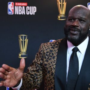 Shaquille O'Neal arrives on the red carpet before the Emirates NBA Cup semifinal game at T-Mobile Arena