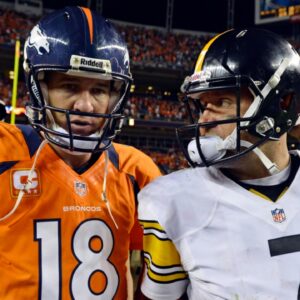 September 9 2012; Denver, CO, USA; Denver Broncos quarterback Peyton Manning (18) greets Pittsburgh Steelers quarterback Ben Roethlisberger (7) following the game at Sports Authority Field. The Broncos defeated the Steelers 31-19.