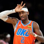 Oklahoma City Thunder guard Shai Gilgeous-Alexander (2) reacts during the fourth quarter against the Houston Rockets in a semifinal of the 2024 Emirates NBA Cup at T-Mobile Arena.