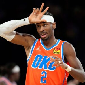 Oklahoma City Thunder guard Shai Gilgeous-Alexander (2) reacts during the fourth quarter against the Houston Rockets in a semifinal of the 2024 Emirates NBA Cup at T-Mobile Arena.