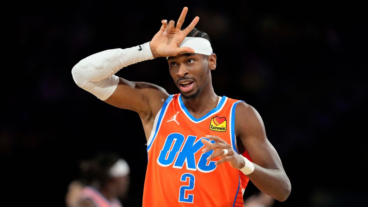 Oklahoma City Thunder guard Shai Gilgeous-Alexander (2) reacts during the fourth quarter against the Houston Rockets in a semifinal of the 2024 Emirates NBA Cup at T-Mobile Arena.