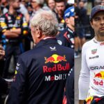 Christian Horner, Helmut Marko (L) and Sergio Perez (R)