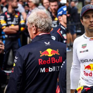 Christian Horner, Helmut Marko (L) and Sergio Perez (R)