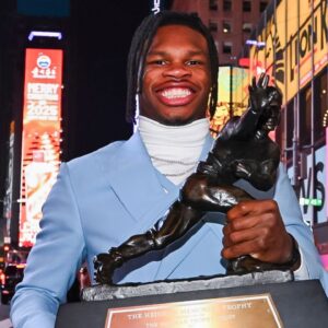 Colorado Buffaloes wide receiver/cornerback Travis Hunter after winning the 2024 Heisman Trophy.