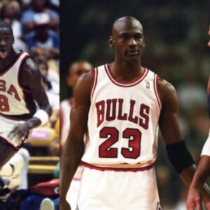 Michael Jordan playing for Team USA (L) and Charles Barkley and Michael Jordan