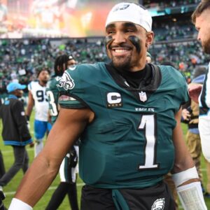 Philadelphia Eagles quarterback Jalen Hurts (1) on the field after win against the Carolina Panthers at Lincoln Financial Field.