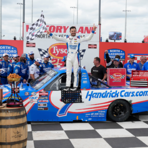 NASCAR Craftsman Truck Series driver Kyle Larson (7) celebrates his win during the Tyson 250 at North Wilkesboro Speedway.