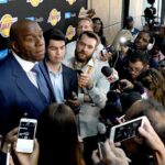 Los Angeles Lakers president of basketball operations Magic Johnson is interviewed during Lakers Media Day at the UCLA Health Training Center in El Segundo, CA.