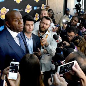 Los Angeles Lakers president of basketball operations Magic Johnson is interviewed during Lakers Media Day at the UCLA Health Training Center in El Segundo, CA.