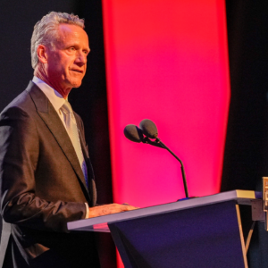 Nov 22, 2024; Charlotte, NC, USA; NASCAR President Steve Phelps speaks during the NASCAR Awards Banquet at Charlotte Convention Center.