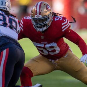 Sep 29, 2024; Santa Clara, California, USA; San Francisco 49ers linebacker De'Vondre Campbell (59) tackles New England Patriots running back Rhamondre Stevenson (38) during the fourth quarter at Levi's Stadium.