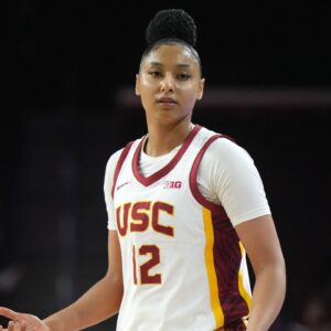 Southern California Trojans guard JuJu Watkins (12) reacts in the second half against the Fresno State Bulldogs at Galen Center. USC defeated Fresno State 89-40.