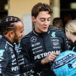 Lewis Hamilton of the Mercedes AMG F1 Team W15 and George Russell of the Mercedes AMG F1 Team W15 pose for portraits during the F1 Grand Prix of Abu Dhabi