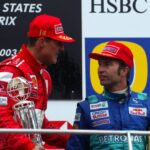 Winner Michael Schumacher (Ferrari, left) congratulates Heinz-Harald Frentzen (both Germany Sauber-Petronas) on his third place in the Motorsport Grand Prix Men's USA Grand Prix 2003