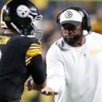 Pittsburgh Steelers head coach Mike Tomlin (right) congratulates quarterback Russell Wilson (3) on his touchdown pass against the New York Jets during the second quarter at Acrisure Stadium.
