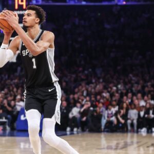 San Antonio Spurs center Victor Wembanyama (1) takes a three point shot in the first quarter against the New York Knicks at Madison Square Garden