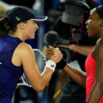 Iga Swiatek of Poland (left) greets Coco Gauff of the United States (right) after her win during the San Diego Open