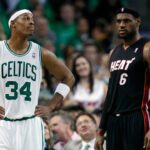 Oct 26, 2010; Boston, MA, USA; Boston Celtics forward Paul Pierce (34) on the court during a break in the first half with Miami Heat forward LeBron James (6) at the TD Garden. Mandatory Credit: David Butler II-Imagn Images