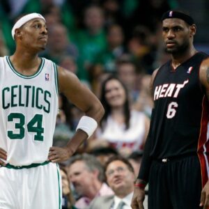 Oct 26, 2010; Boston, MA, USA; Boston Celtics forward Paul Pierce (34) on the court during a break in the first half with Miami Heat forward LeBron James (6) at the TD Garden. Mandatory Credit: David Butler II-Imagn Images