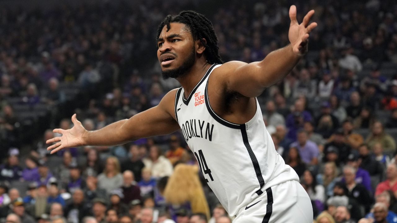 Brooklyn Nets guard Cam Thomas (24) gestures during the first quarter against the Sacramento Kings at Golden 1 Center.