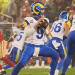 Dec 12, 2024; Santa Clara, California, USA; Los Angeles Rams quarterback Matthew Stafford (9) looks to pass the ball against the San Francisco 49ers during the second quarter at Levi's Stadium.